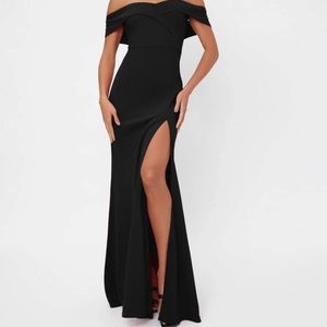 Black off shoulder split thigh PROM dress